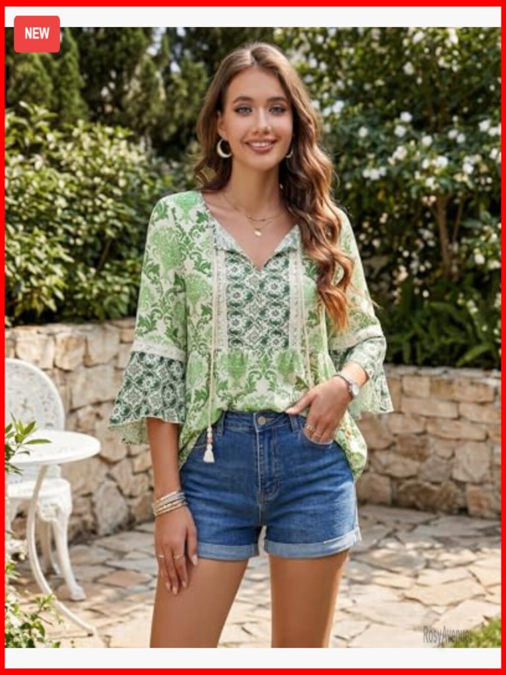 Boho Embroidered Lace V Neck 3/4 Sleeve Peasant Tunic Blouse Dressy Casual - Picture 5 of 7